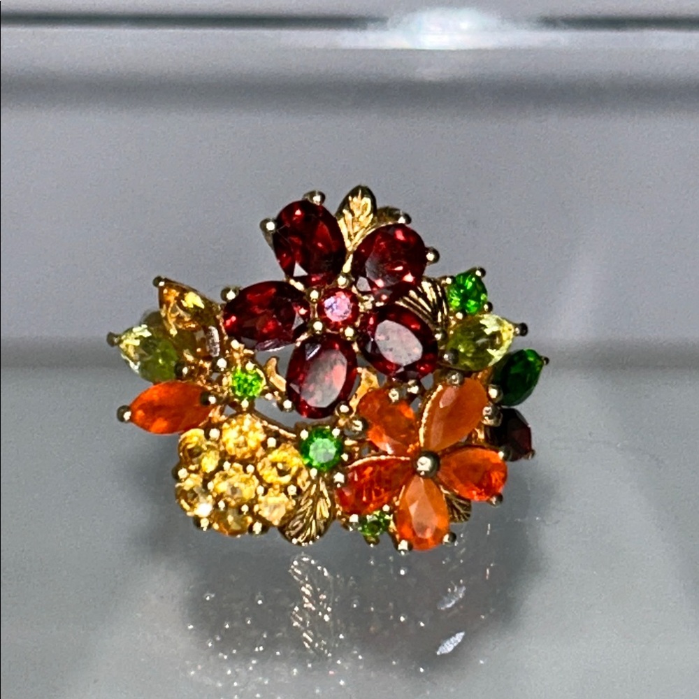 NWOT Multi Genuine Gemstone Gold Plated Sterling Silver Designer Ring - Floral